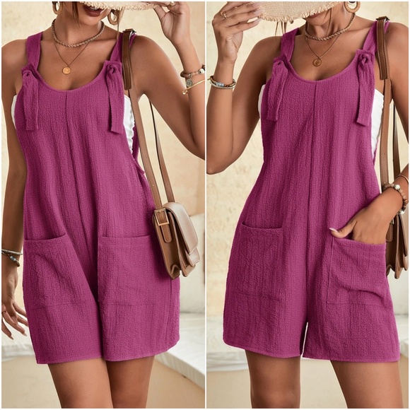 Solid Shoulder Tie Pocket Romper - Picture 2 of 4